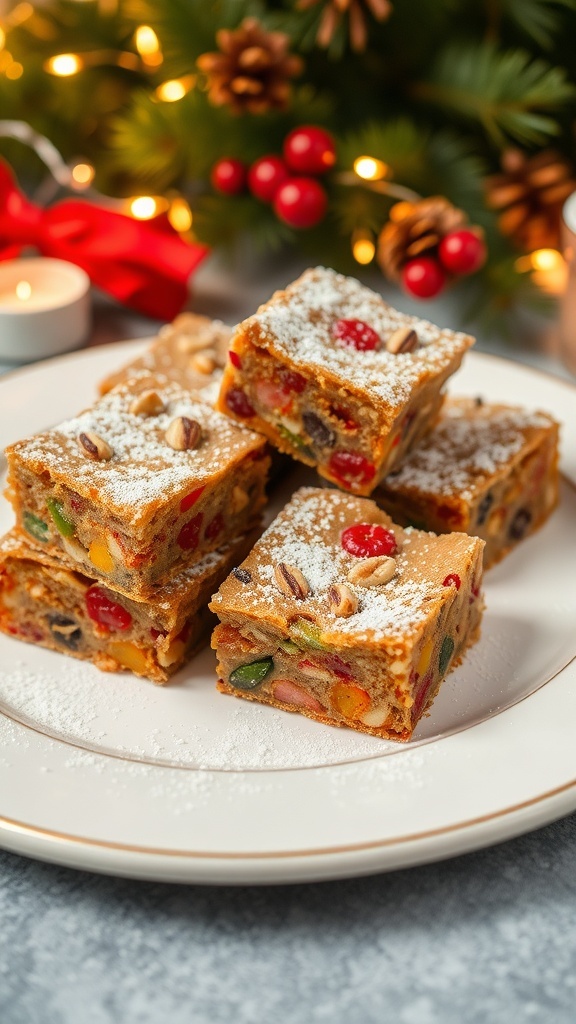 A plate of Christmas cake squares garnished with powdered sugar, surrounded by holiday decorations.